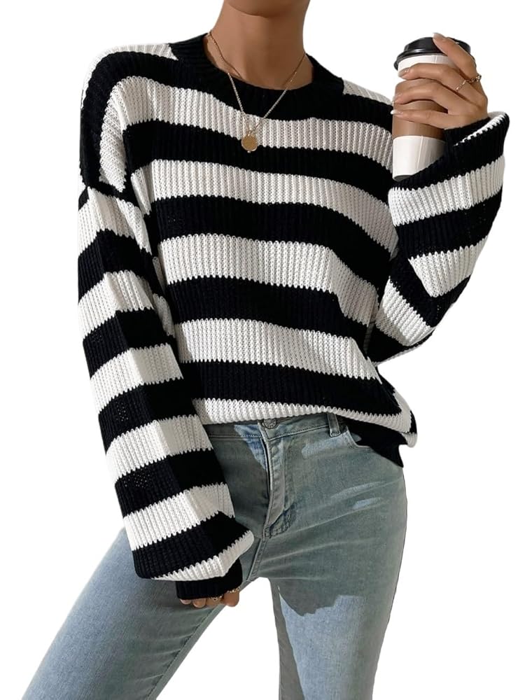 Amazon.com: sweaters for women Striped Pattern Drop Shoulder